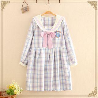 Bear Embroidered Bow-tie Sailor Collar Gingham Long-sleeve Dress