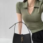 Collared V-neck Skinny Crop T-shirt In 6 Colors