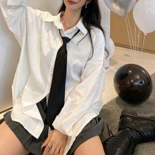 Set: Long-sleeve Plain Loose-fit Shirt + Tie White - One Size