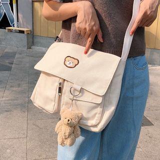 Bear Embroidered Canvas Crossbody Bag / Bear Charm
