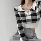 Checker Cropped Knit Polo Shirt