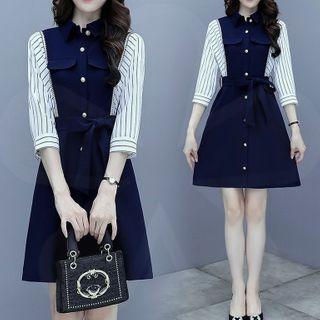 Long-sleeve Striped Panel Tie-waist A-line Dress