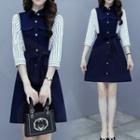 Long-sleeve Striped Panel Tie-waist A-line Dress