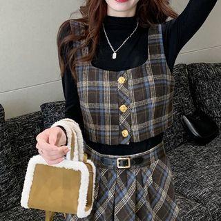 Plaid Cropped Vest Vest - Plaid - Black - One Size