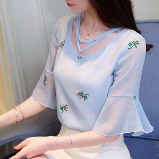 Bell-sleeve Embroidered Chiffon Top