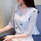 Bell-sleeve Embroidered Chiffon Top