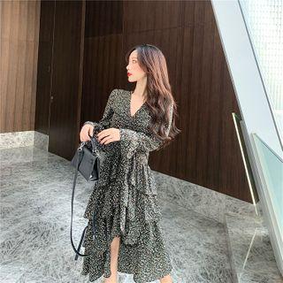 Flower Print Long-sleeve Tiered Dress