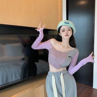 Long-sleeve Crop Top Top - Purple & Gray & Green - One Size