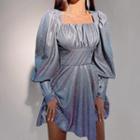 Puff-sleeve Square-neck Glitter A-line Dress