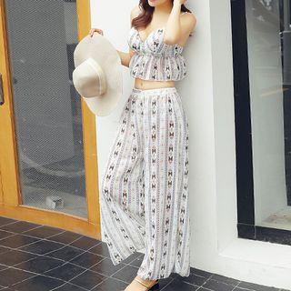 Set: Printed Ruffle Trim Bikini + Wide-leg Pants