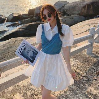 Set: Puff-sleeve Mini A-line Shirtdress + Denim Camisole Top