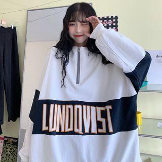 Color-block Half-zip Letter Print Hoodie