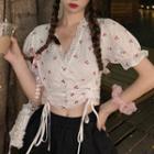 Short-sleeve Floral Print Drawstring Blouse / Mini Dress