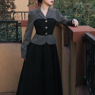 Set: Two-tone Blazer + Midi A-line Skirt