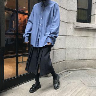 Plain Long-sleeve Loose-fit Shirt / Pleated Skirt