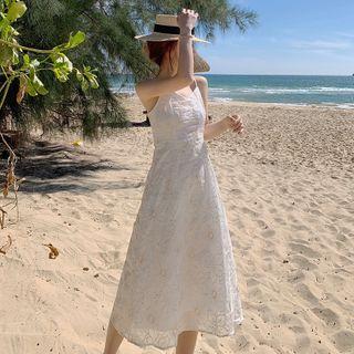 Strappy Embroidered Midi A-line Dress