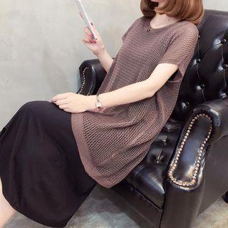 Set: Short-sleeve Open Knit Sweater + Midi Tank Dress