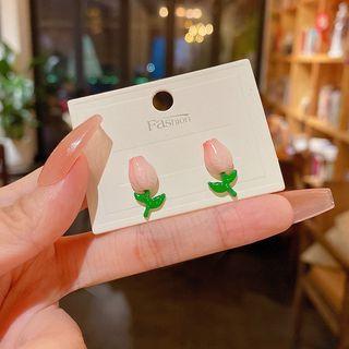 Tulip Glaze Alloy Earring E5223 - 1 Pair - Pink & Green - One Size