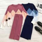 Set:color-block Crewneck Long-sleeve Top + Plain High-waist A-line Skirt