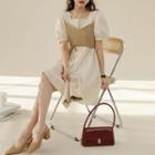 Set: Puff-sleeve A-line Dress + Faux Pearl Strap Tie-waist Camisole Top