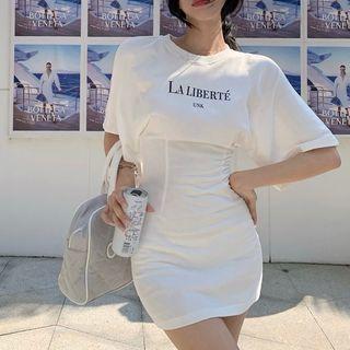Short-sleeve Lettering Mini Dress White - One Size
