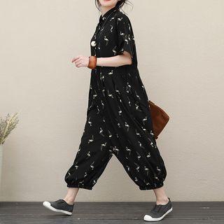 Short-sleeve Printed Harem Jumpsuit As Shown In Figure - One Size