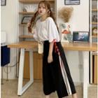 Lace-up Elbow-sleeve T-shirt / Wide-leg Pants