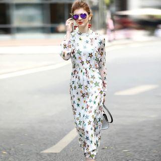 Lace Detail Printed Silk Midi Dress
