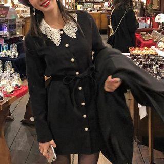 Long-sleeve Lace Collar A-line Mini Dress Black - One Size