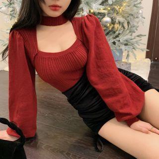 Choker-neck Puff-sleeve Knit Top