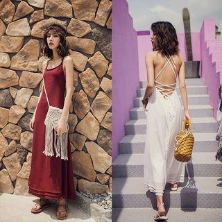 Plain Spaghetti Strap Open Back Midi Dress