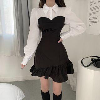 Mock Two-piece Ruffle Hem Shirtdress