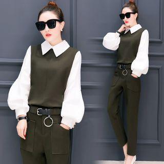 Set: Color Panel Collared Long Sleeve Top + Pants