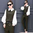 Set: Color Panel Collared Long Sleeve Top + Pants