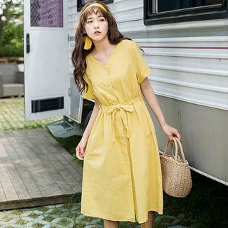 Short-sleeve Sashed Buttoned A-line Dress