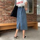 Back-slit Denim Midi A-line Skirt