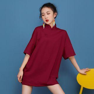 Elbow-sleeve Mandarin Collar Mini Dress