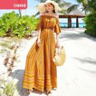 Elbow-sleeve Off-shoulder Patterned Wide-leg Jumpsuit