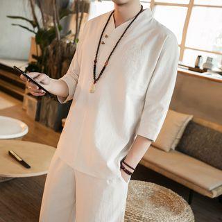 Set: Embroidered 3/4-sleeve T-shirt + Cropped Wide-leg Pants