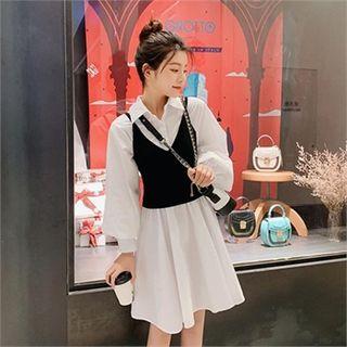 Set: Balloon-sleeve Shirtdress + Sleeveless Knit Top