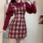 Long-sleeve Plaid Panel A-line Dress Plaid - Red - One Size