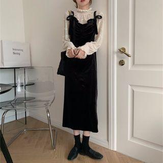 Turtleneck Puff-sleeve Lace Blouse / Strappy Midi A-line Dress