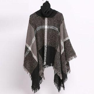 Patterned Fringed Turtleneck Poncho As Shown In Figure - One Size