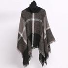 Patterned Fringed Turtleneck Poncho As Shown In Figure - One Size