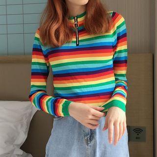 Striped Zip Detail Long-sleeve Knit Top Stripe - One Size
