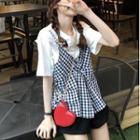 Mock Two-piece Elbow-sleeve Gingham Check Top