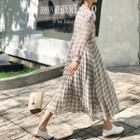 Long-sleeve Buttoned Plaid A-line Dress / Midi Skirt