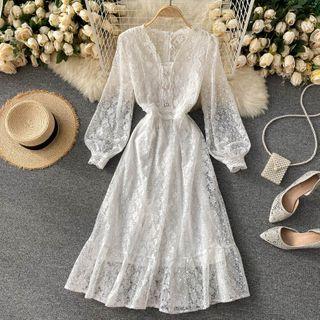 V-neck Long-sleeve Faux Pearl Lace Dress