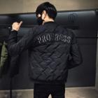 Lettering Embroidered Zip Quilted Jacket