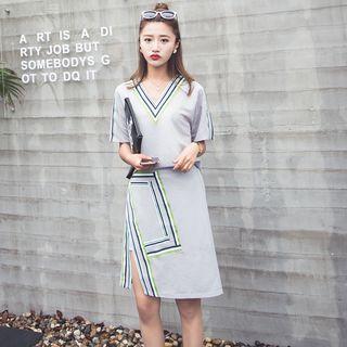 Set: V-neck Striped-trim Top + Skirt